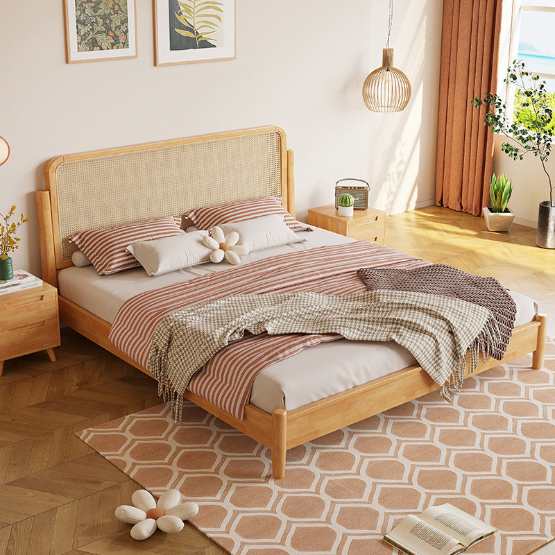 Solid Color Rattan Standard Bed Tropical Panel Bed with Headboard