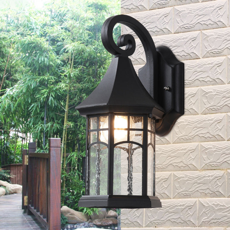 1-Bulb Clear Water Glass Sconce Farmhouse Black/Bronze Pavilion Courtyard Wall Mounted Light