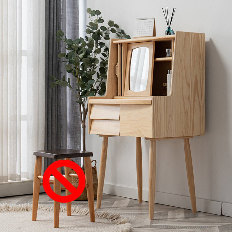 Solid Wood Makeup Table Vanity Stool with Drawers and Mirror in Brone