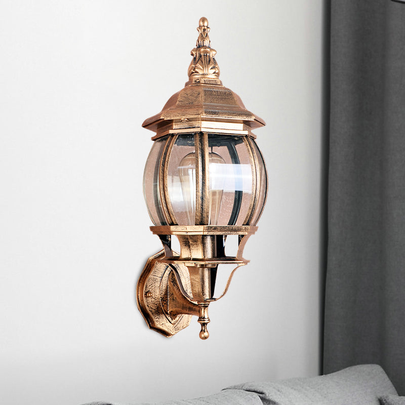1 Bulb Wall Light Fixture Country Outdoor Wall Lighting Ideas with Global Clear Glass Shade in Brass