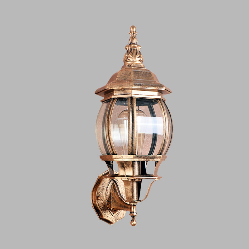 1 Bulb Wall Light Fixture Country Outdoor Wall Lighting Ideas with Global Clear Glass Shade in Brass
