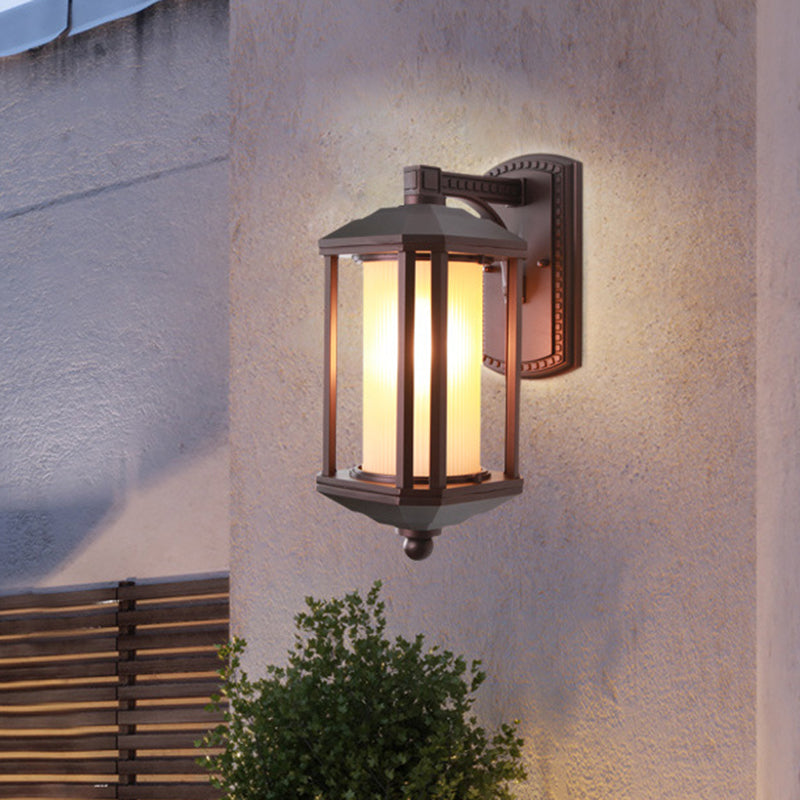 Dark Coffee Cylinder Wall Light Sconce Country Frosted Glass 1 Head Outdoor Wall Lighting Ideas with Frame