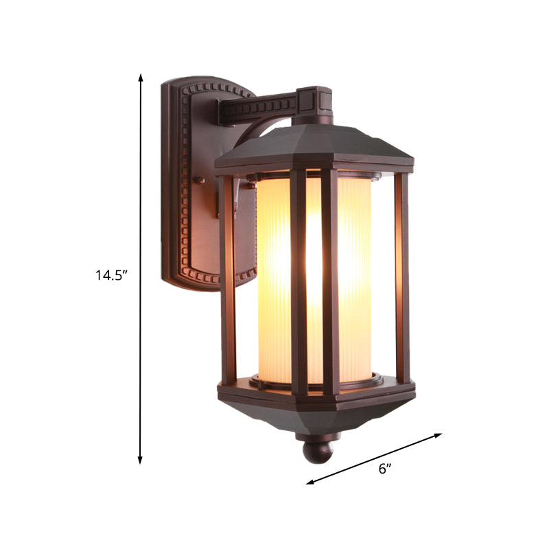 Dark Coffee Cylinder Wall Light Sconce Country Frosted Glass 1 Head Outdoor Wall Lighting Ideas with Frame