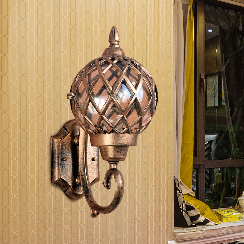Clear Glass Globe Wall Sconce Lighting Lodges 1-Bulb Outdoor Wall Mount Lamp in Brass with Cage