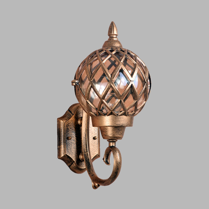 Clear Glass Globe Wall Sconce Lighting Lodges 1-Bulb Outdoor Wall Mount Lamp in Brass with Cage