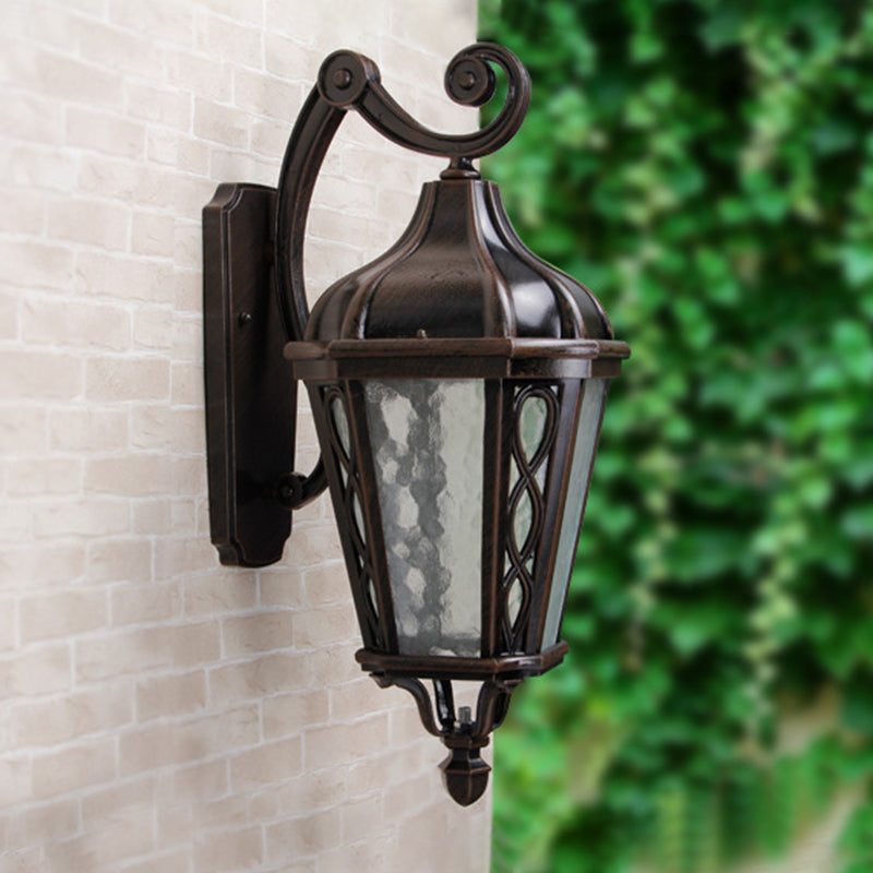 1-Head Urn Shaped Wall Sconce Light Country Black Finish Water Glass Wall Mounted Lamp for Courtyard