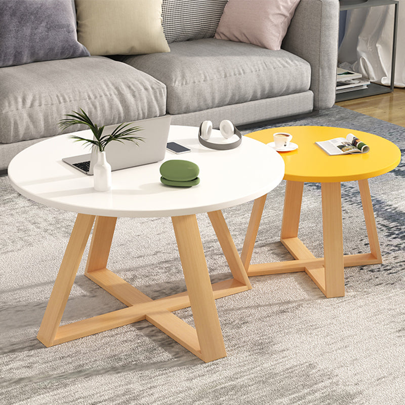 Solid Wood Coffee Table Round Cross Legs Bunching Coffee Table Set