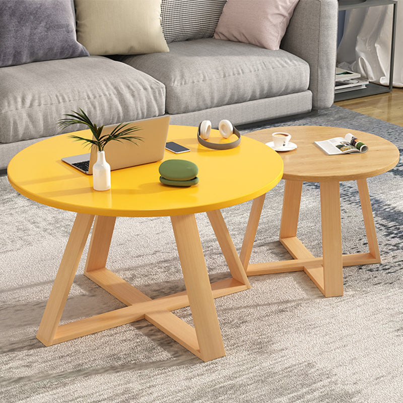 Solid Wood Coffee Table Round Cross Legs Bunching Coffee Table Set