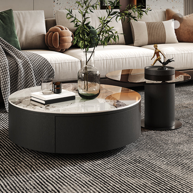 Modern Slate Coffee Table Round Bunching Coffee Table Set with Drawer