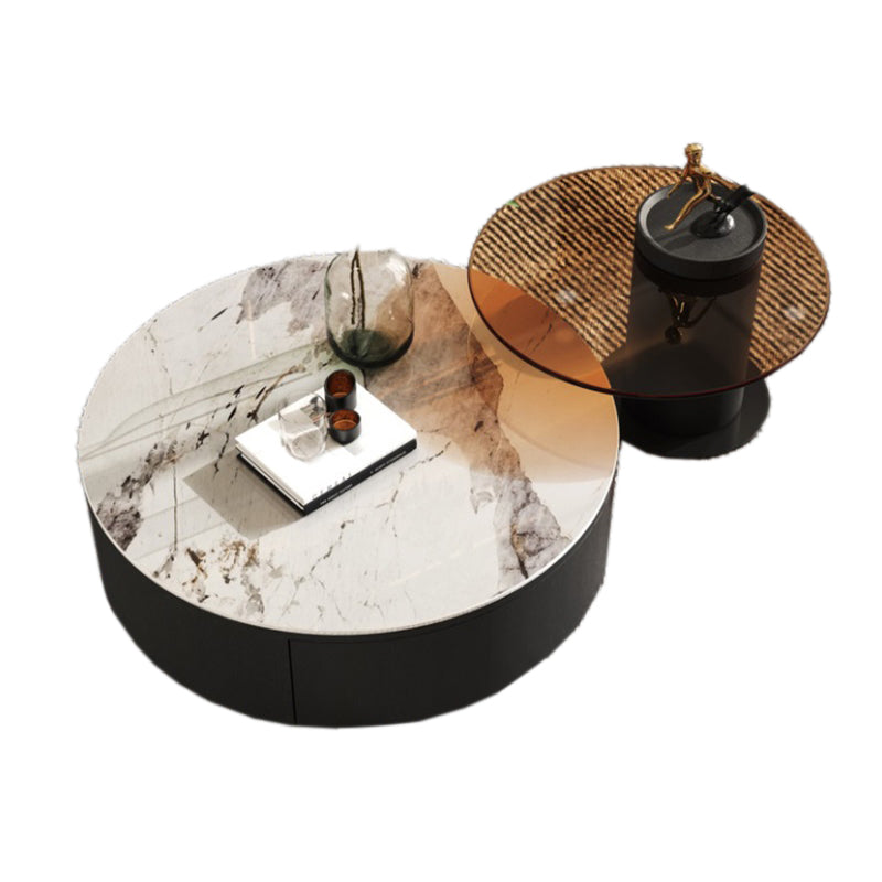 Modern Slate Coffee Table Round Bunching Coffee Table Set with Drawer