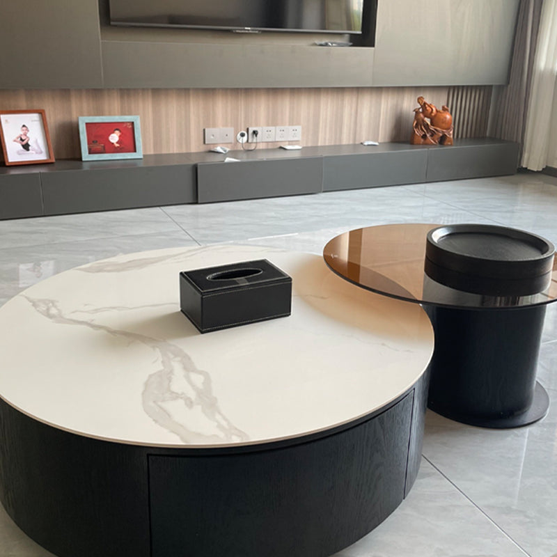 Modern Slate Coffee Table Round Bunching Coffee Table Set with Drawer