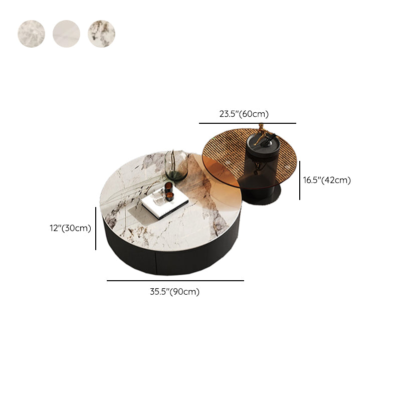 Modern Slate Coffee Table Round Bunching Coffee Table Set with Drawer