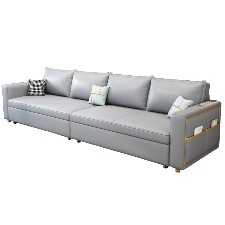 Modern Futon Sleeper Sofa Gray Upholstered with Storage Pillow Back Square Arms