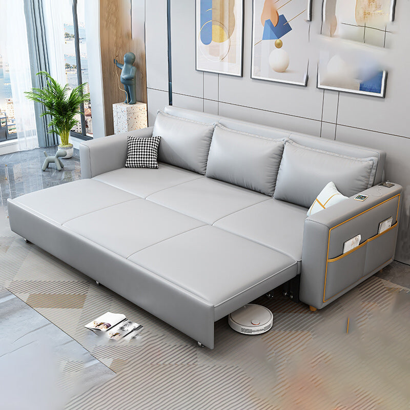 Modern Futon Sleeper Sofa Gray Upholstered with Storage Pillow Back Square Arms