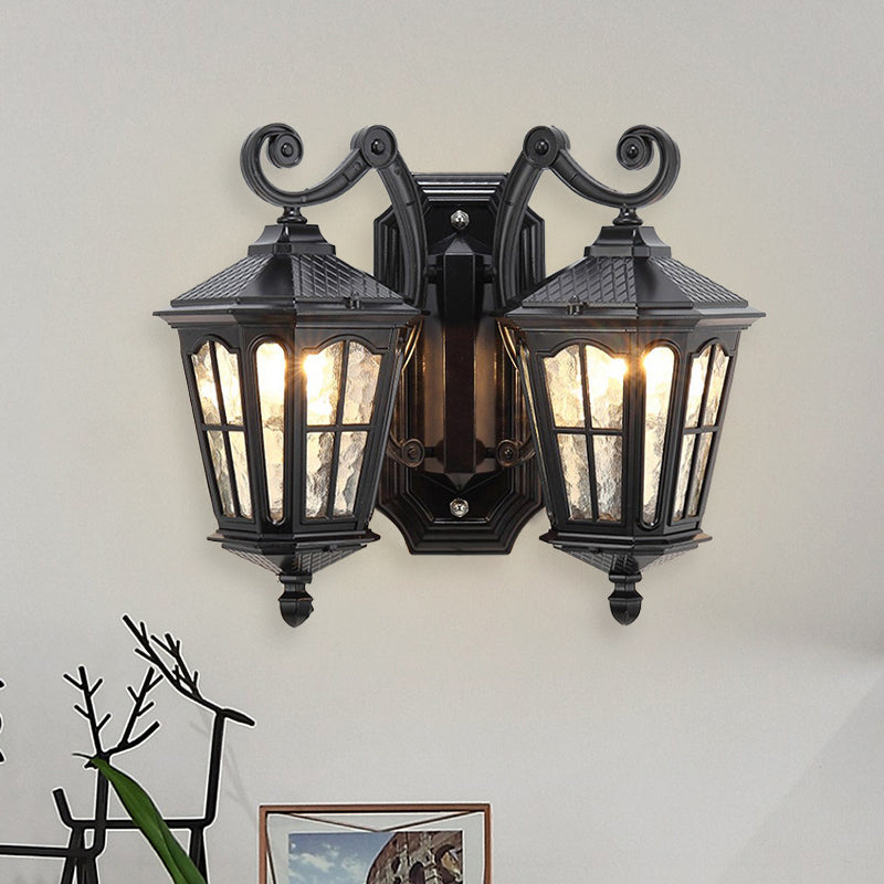 Luz de pared de pared al aire libre geométrica Cañón de agua 2 luces Lámpara de matorral de acabado negro con brazo de doble remolino