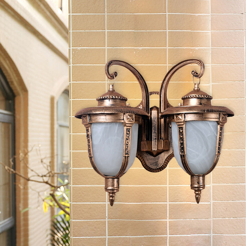 2 Heads Acorn Sconce Light Fixture Country Rust Aluminum Wall Mount Lamp with Cracked Glass Shade