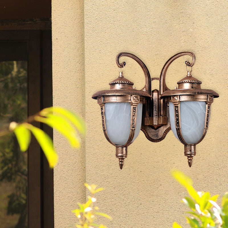 2 Heads Acorn Sconce Light Fixture Country Rust Aluminum Wall Mount Lamp with Cracked Glass Shade