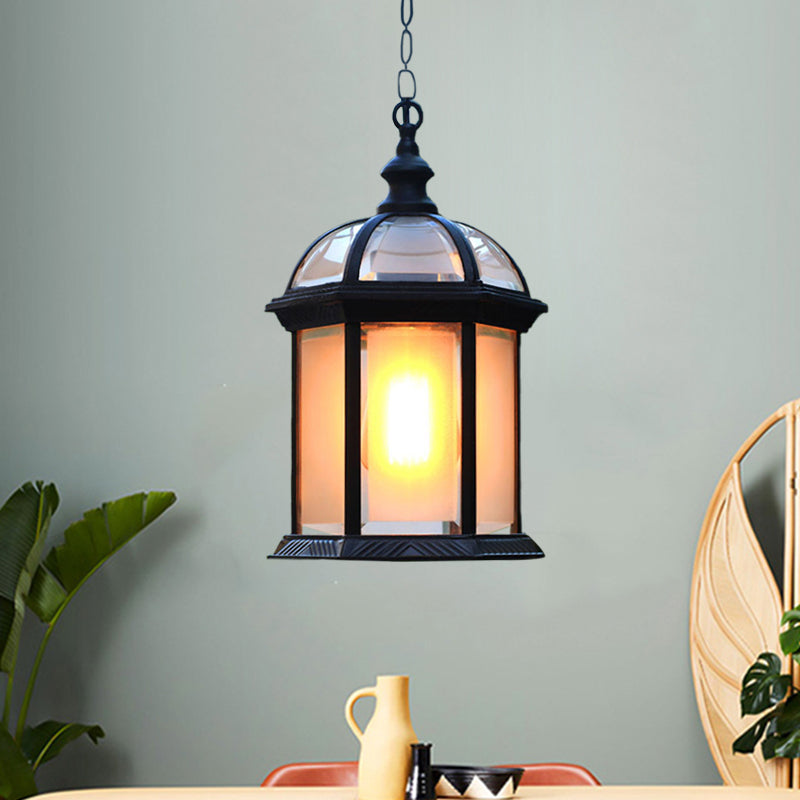 Black/Brass 1 Head Suspension Light Farmhouse Frosted Glass Birdcage Hanging Ceiling Lamp for Courtyard