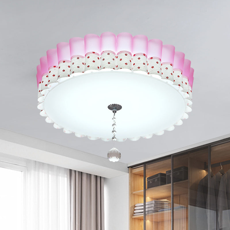 Pink Drum Flush Mount Lighting Pastoral Acrylic LED Bedroom Ceiling Light with Wavy Trim and Crystal Ball