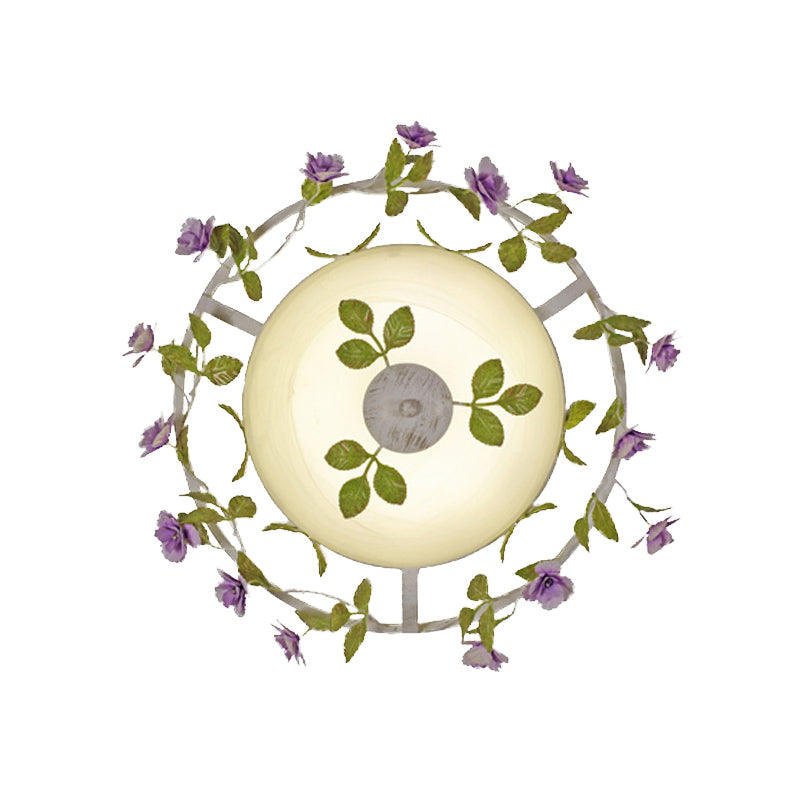 Pastoral Style Bowl Flush Light 2 Heads White Glass Flush Mount Ceiling Lamp with Bloom Decoration