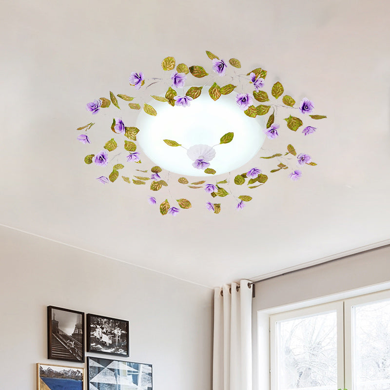 LED White Glass Semi Flush Countryside Purple Domed Bedroom Flush Ceiling Light with Flower and Leaf, 23"/28" W