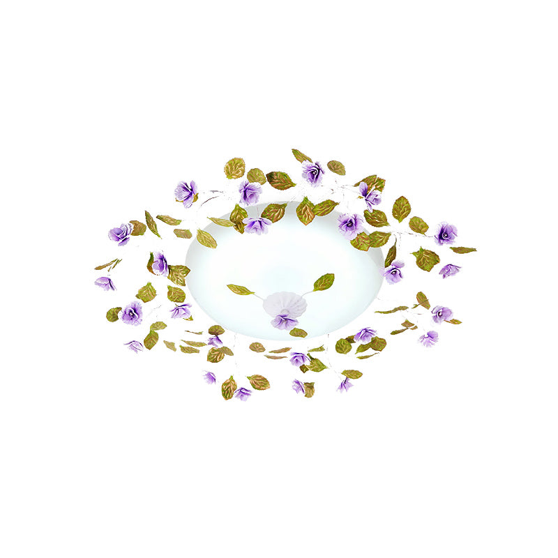 LED White Glass Semi Flush Countryside Lila gewölbter Schlafzimmer Flush Deckenlicht mit Blume und Blatt, 23 "/28" W.