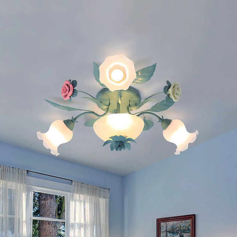 Starburst Milk Glass Semi-Flush Mount Korean Flower 5/7/11 Lights Living Room Flush Light Fixture