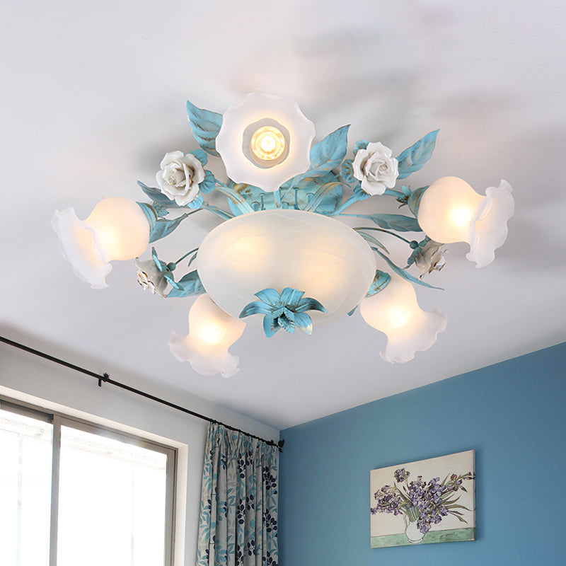Starburst Milk Glass Semi-Flush Mount Korean Flower 5/7/11 Lights Living Room Flush Light Fixture