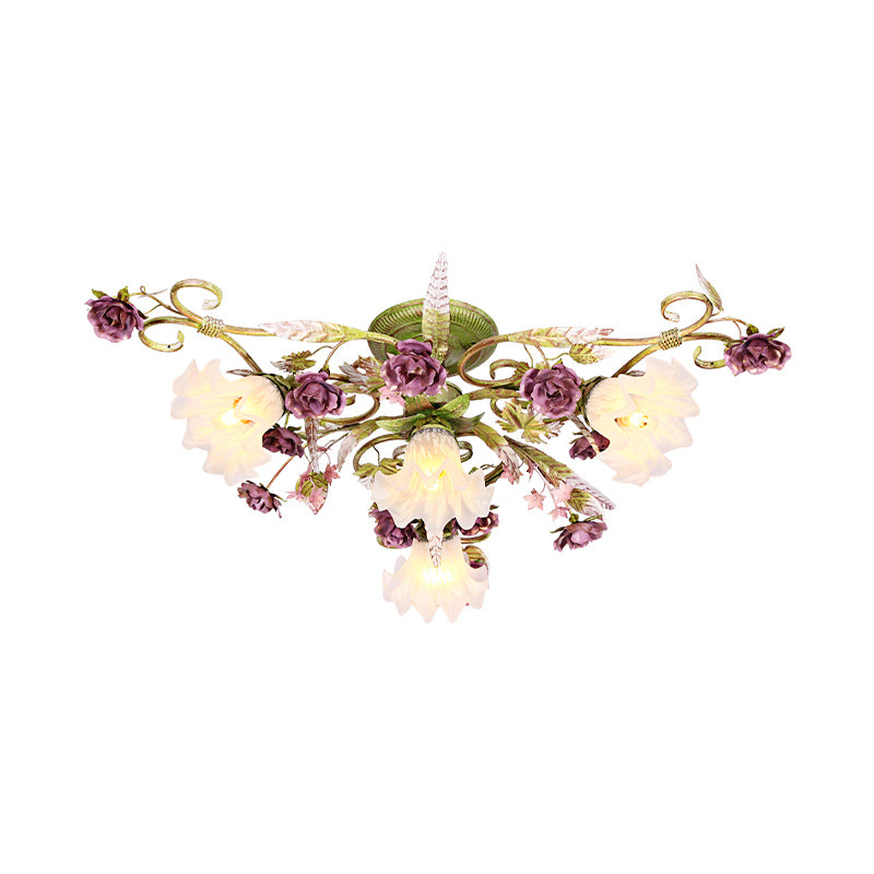 Opale Glass Secalloped Semi Flush Fleleur coréenne 4 Bulbes salon Fleur