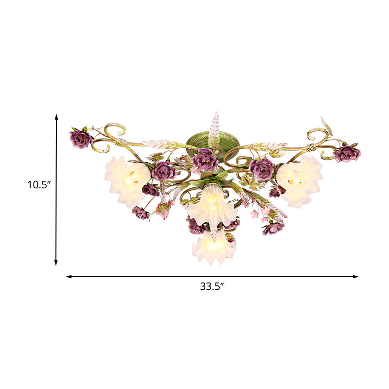 Opale Glass Secalloped Semi Flush Fleleur coréenne 4 Bulbes salon Fleur