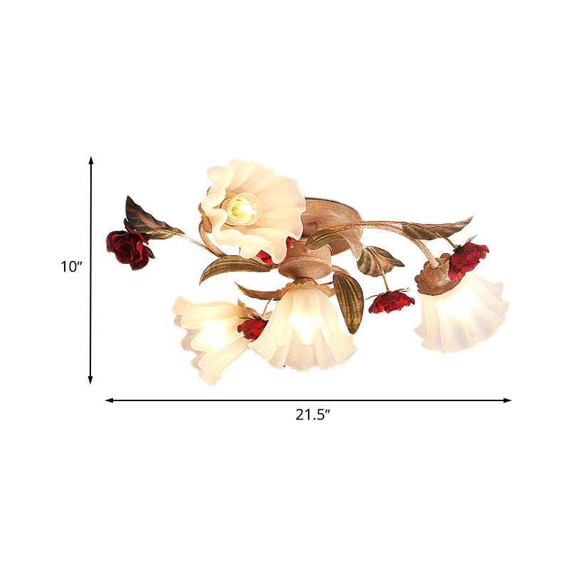 Bruin 4/7/9-Bulb Semi Flush Mount Pastoral Frosted Glass Starburst Spoel plafondlicht met rode bloem