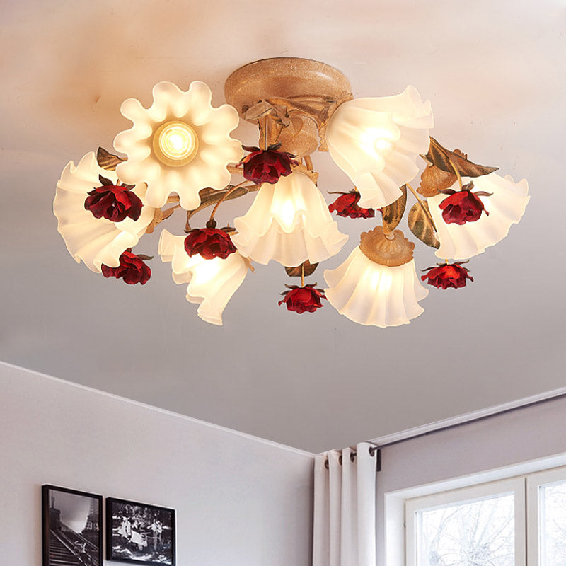 Bruin 4/7/9-Bulb Semi Flush Mount Pastoral Frosted Glass Starburst Spoel plafondlicht met rode bloem