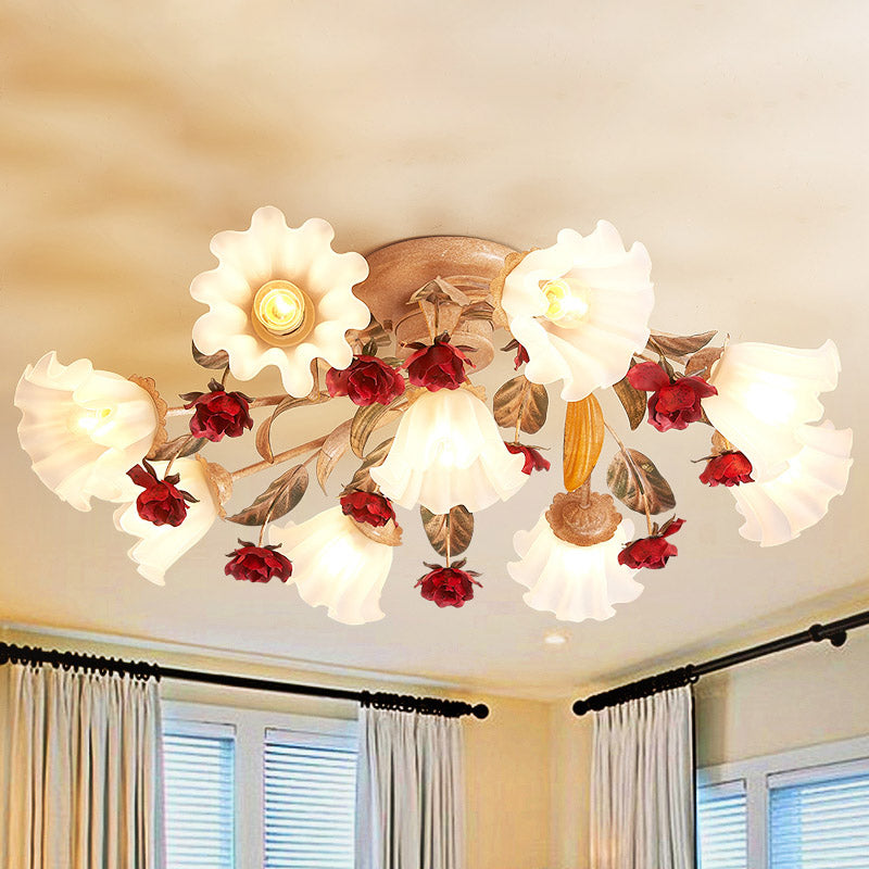 Bruin 4/7/9-Bulb Semi Flush Mount Pastoral Frosted Glass Starburst Spoel plafondlicht met rode bloem