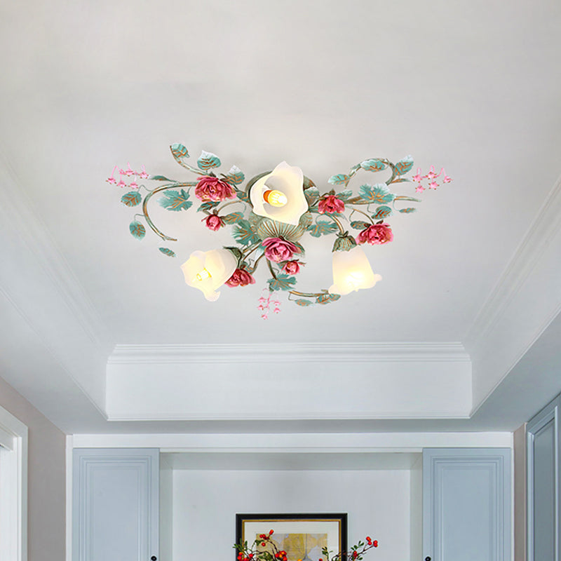 Verde Trenzado Semi-Luz Fija-Flor Coreana Vidrio Blanco 3/6 Bulbos De La Habitación Al Ras