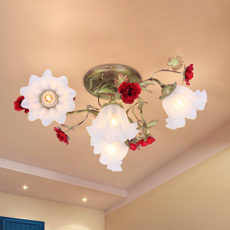 Éclairage de plafond en spirale de jardin coréen 4/6 têtes Opal Verre semi-flustion Mont en vert avec rose rouge