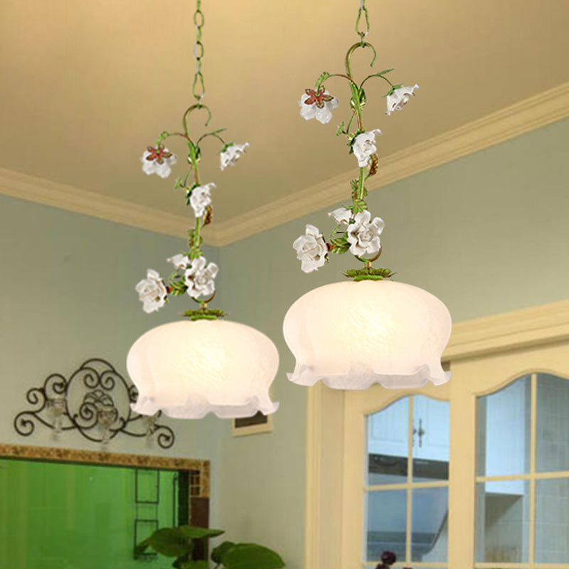 Scalloped Dining Room Hanging Pendant Pastoral White Glass 1-Bulb Green Suspension Light