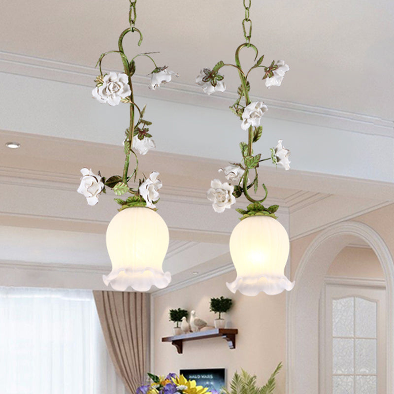 Green 2 Bulbs Multi Light Pendant Pastoral Style White Glass Flower Hanging Lamp for Dining Room