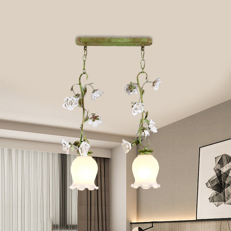 Green 2 Bulbs Multi Light Pendant Pastoral Style White Glass Flower Hanging Lamp for Dining Room