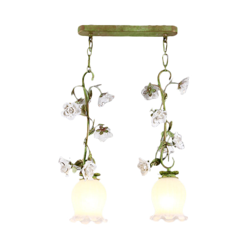 Green 2 Bulbs Multi Light Pendant Pastoral Style White Glass Flower Hanging Lamp for Dining Room