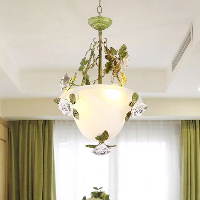 Green Bowl Chandelier Light Fixture Korean Flower White Glass 2/3 Bulbs Dining Room Pendant Lamp