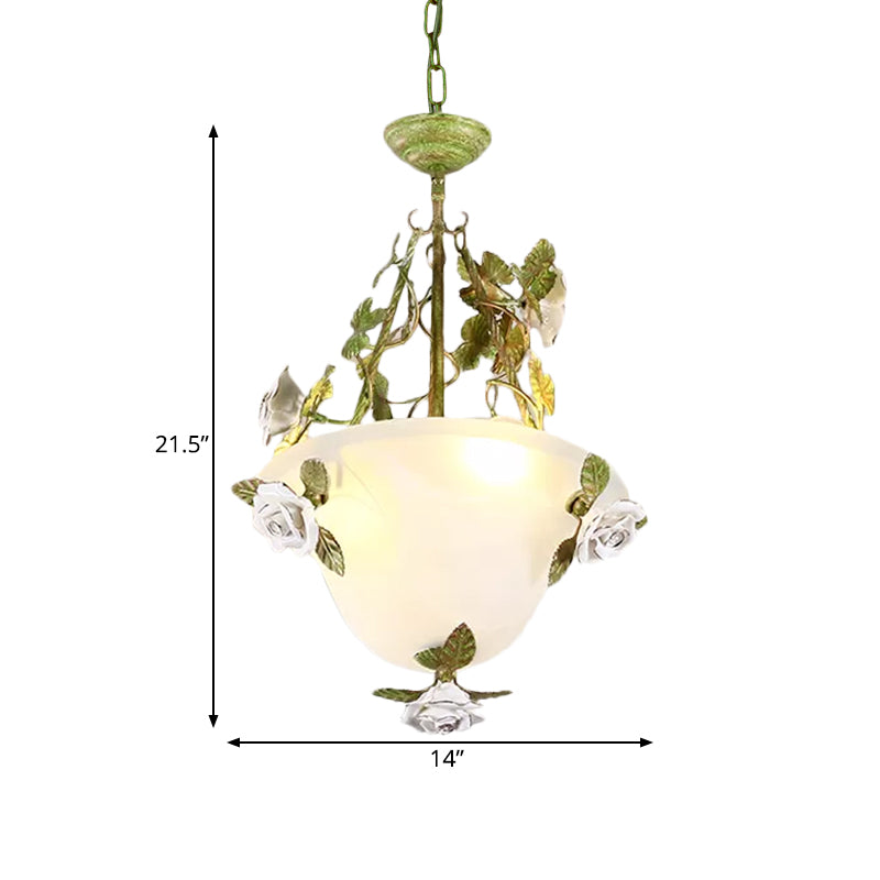 Green Bowl Chandelier Light Fixture Korean Flower White Glass 2/3 Bulbs Dining Room Pendant Lamp