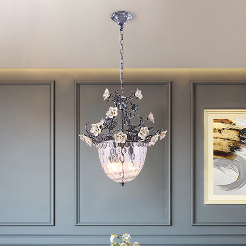 Pastoral Bowl Pedant Lamp 3/4 Heads Clear Dimple Glass Hanging Chandelier with Blossom Design