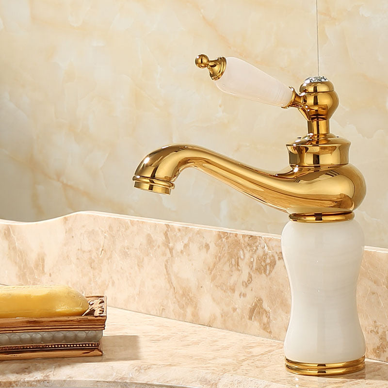 Deck Mounted Copper Tub Faucet Low Arc Roman Tub Faucet Set with Jade