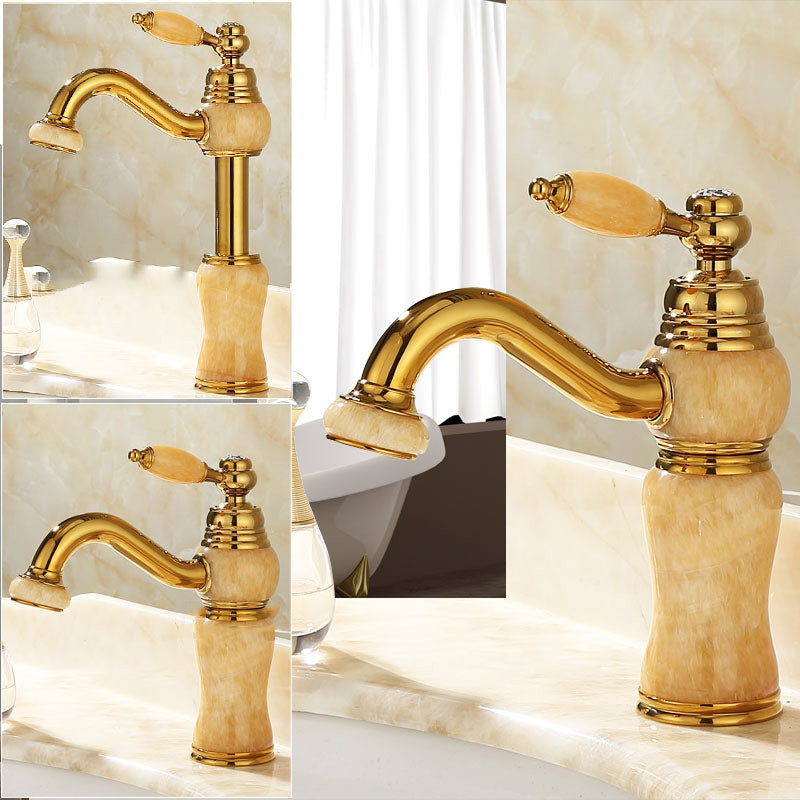 Deck Mounted Copper Tub Faucet Low Arc Roman Tub Faucet Set with Jade