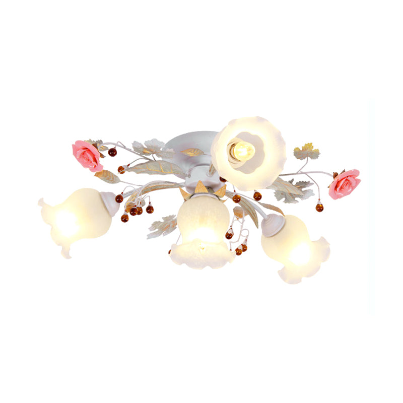 Coréen Garden Bloom Semi Flush 4/6/9 Bulbes en verre blanc Flush Mount luminaire pour salle à manger