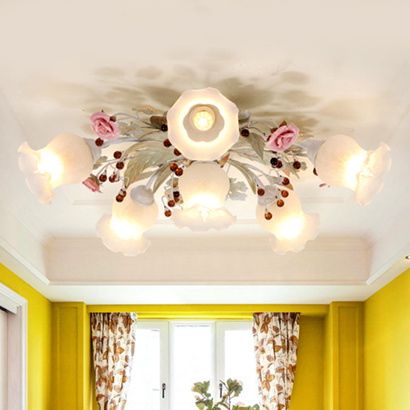 Coréen Garden Bloom Semi Flush 4/6/9 Bulbes en verre blanc Flush Mount luminaire pour salle à manger