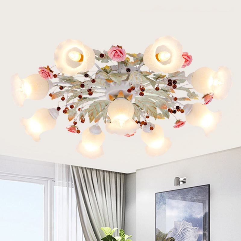 Coréen Garden Bloom Semi Flush 4/6/9 Bulbes en verre blanc Flush Mount luminaire pour salle à manger