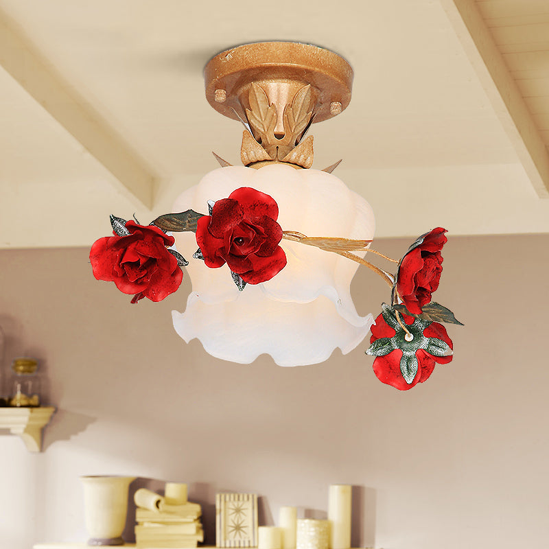 1 Light Bloom Semi Flush Mount Pastoral Style Brown Milky Glass Close to Ceiling Lighting Fixture
