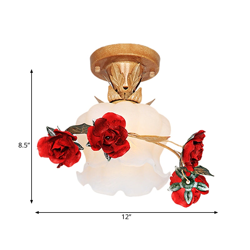 1 Light Bloom Semi Flush Mount Pastoral Style Brown Milky Glass Close to Ceiling Lighting Fixture
