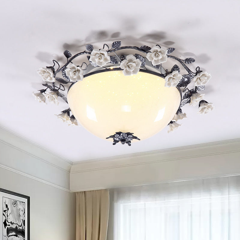 Korean Flower Bowl Ceiling Fixture White Glass LED Flush Mount Spotlight for Living Room, 20"/25" Width